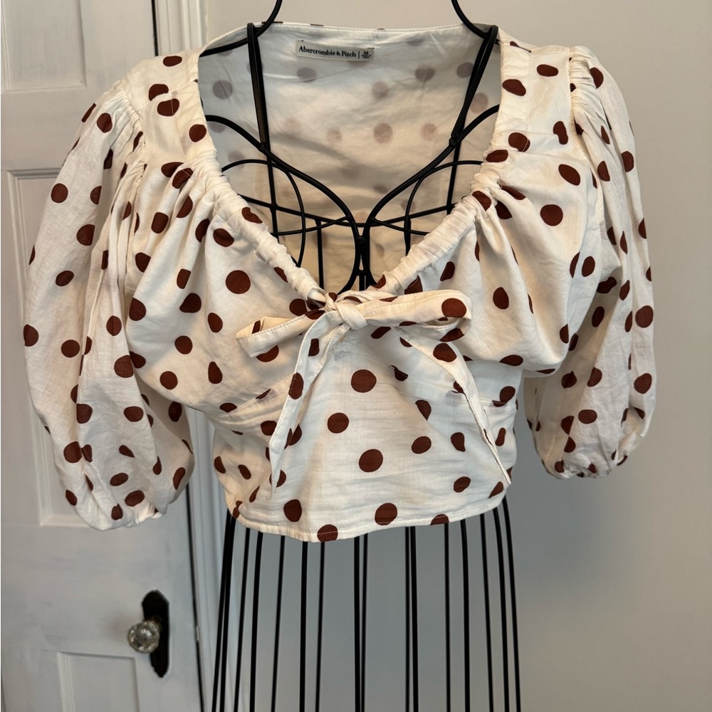 Abercrombie & Fitch Cream Cropped Tie-Front Puff Sleeve brown Polka Dot Top NWOT